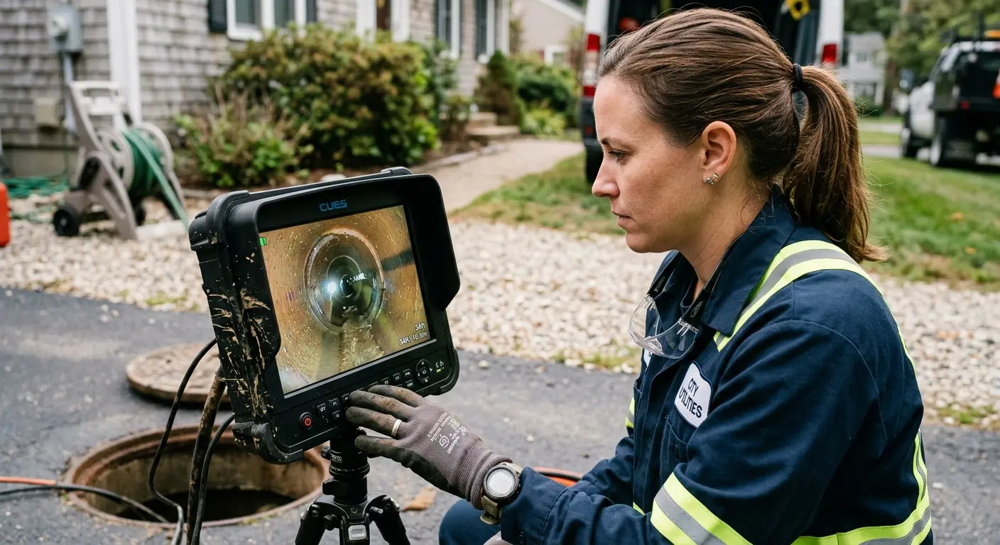 Technician reviewing sewer camera inspection footage in Missoula