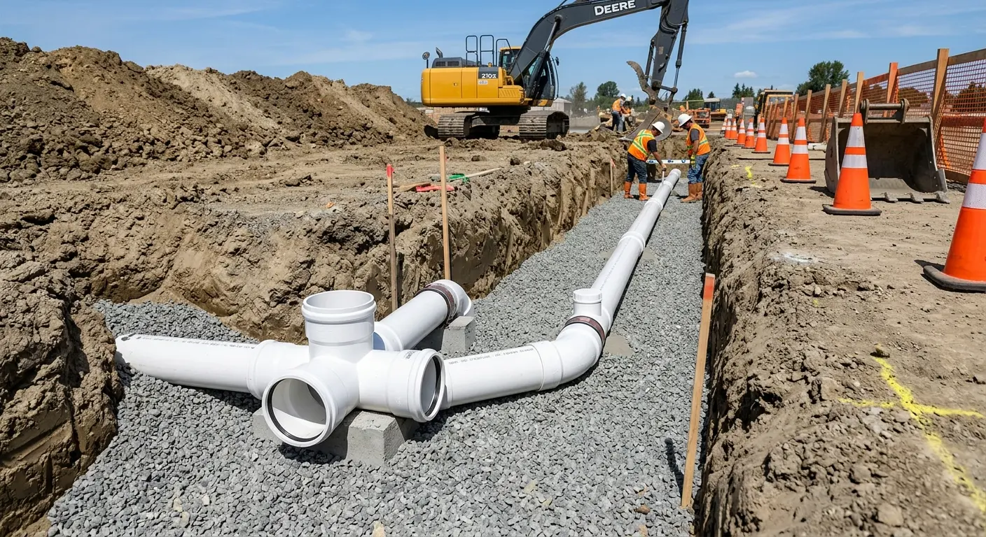 New PVC sewer pipe installation in open trench for Commercial Drain Cleaning in Missoula