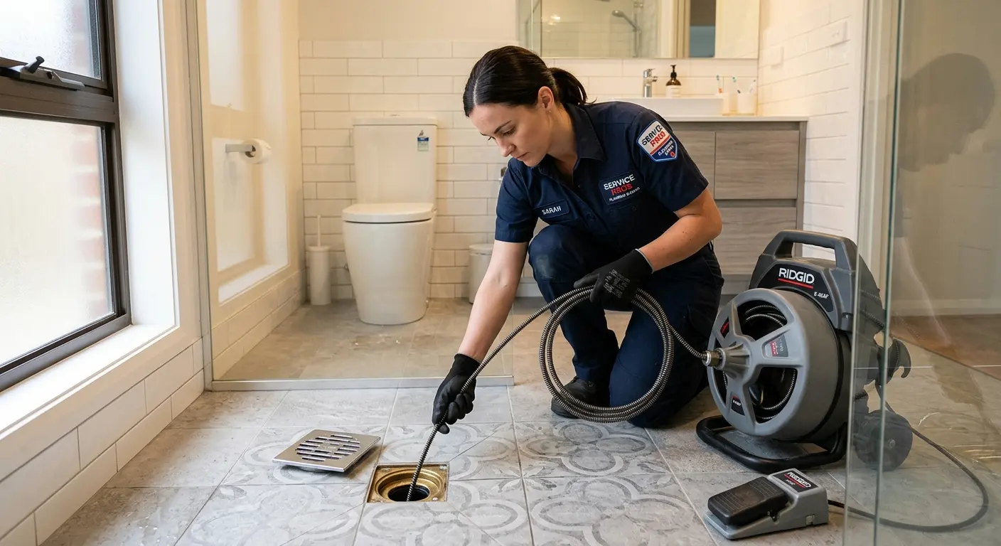 Technician clearing a bathroom floor drain for Clogged Drain Repair in Missoula